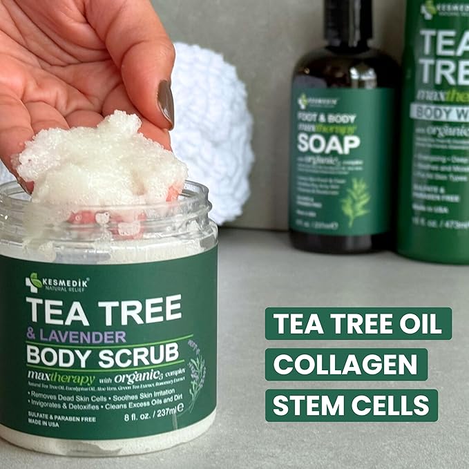 Kesmedik Pure Tea Tree Oil Body & Foot Scrub, Himalayan Salt Exfoliating Scrub with Stem Cells & Shea Butter, Antifungal Defense, Acne Support, Itchy Skin Relief, Removes Dead Skin & Rough Patches
