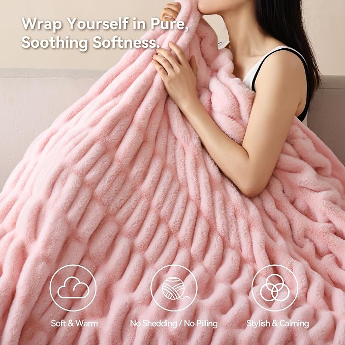 Blush Pink Fluffy Blanket for Couch - Luxury Faux Rabbit Fur 50"x60" | Ultra Soft & Plush Comfort Ruched Blanket, Cozy Fuzzy Fleece Throw for Sofa, Bed & Office, Gift for Women, Pink Room Decor