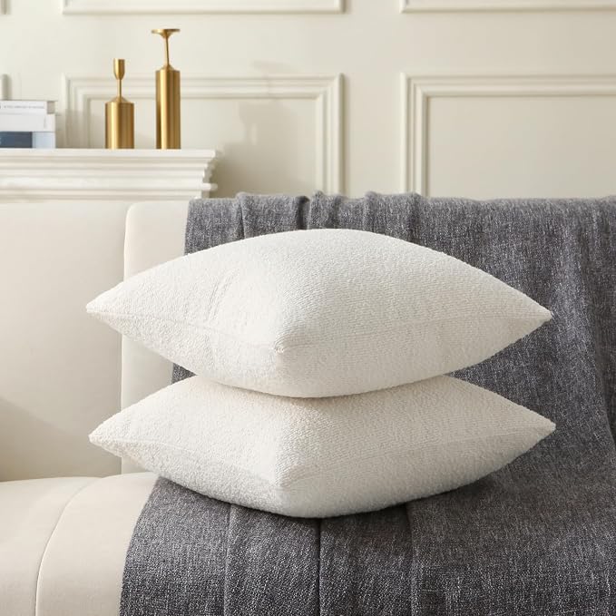 Complete Throw Pillows with Inserts, Set of 2 Decorative Throw Pillow-Boucle-18 x 18"-Square Boho Pillows for Couch, Patio, Bed, Sofa Decor (White, 18" x 18"(Pack of 2))