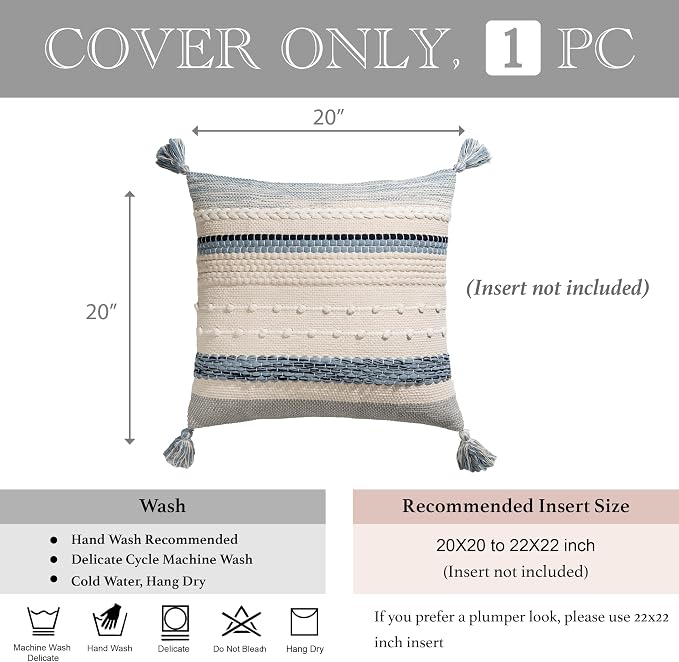 Coastal Blue Boho Decorative Throw Pillow Cover 20x20 Modern Bohemian Accent Pillow Case Square Woven Textured Farmhouse Pillows for Couch Bed (Pack of 1)