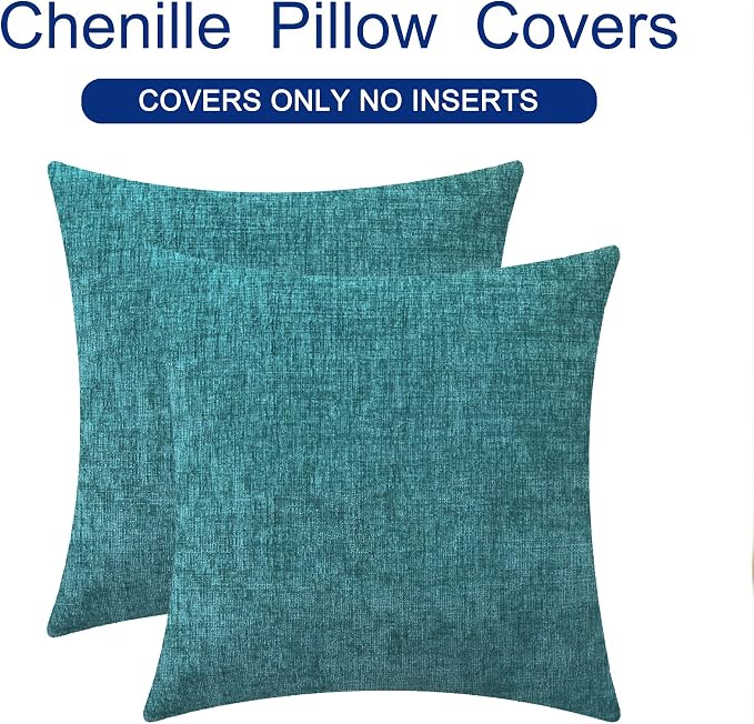 CaliTime Decorative Couch Throw Pillow Covers 26 X 26 Inches Teal | Pack of 2, Cozy Chenille Cushion Cases, Cotton Thread Stitching Edges, for Sofa Bed Living Room Farmhouse