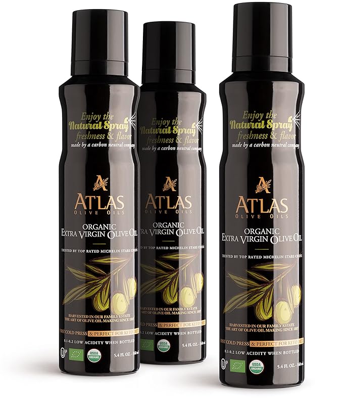 Olive Oil Spray by Atlas, Dual Function Olive Oil Cooking Spray and Stream, 5.4 fl oz, 3 Pack, Extra Virgin, Non Stick, Cold Pressed, Polyphenol Rich, Organic Moroccan EVOO, Hydroxytyrosol, Keto