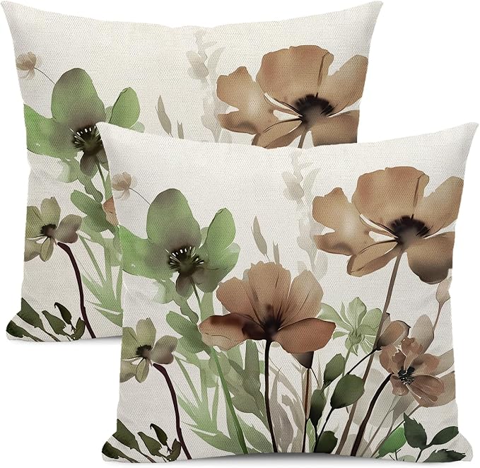 Floral Pillow Covers 24x24 Inches Set of 2 Sage Green Brown Floral Throw Pillow Cover Outdoor Decor Spring Summer Flower Decoration Pillowcase Farmhouse Decorative Cushion Cover for Home Couch