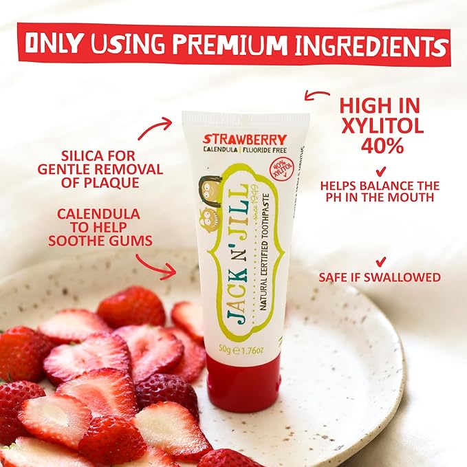 Jack N' Jill Natural Toddler Toothpaste - Fluoride Free Training Toothpaste for Toddlers 1-3, 40% Xylitol, BPA Free - Strawberry & Banana 1.76 oz (Pack of 2)