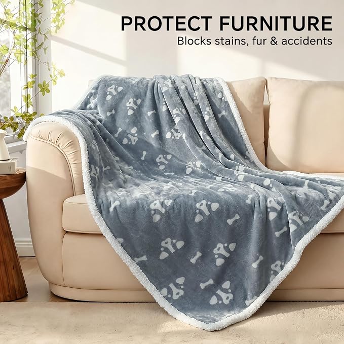 Luciphia Waterproof Dog Blanket Reversible Sherpa Fleece for Large Dogs Cat | Soft Print Pet Blanket Washable Pee Proof, Furniture Protector for Couch Sofa Bed Car, Cozy Throw(85" x 57", Grey)