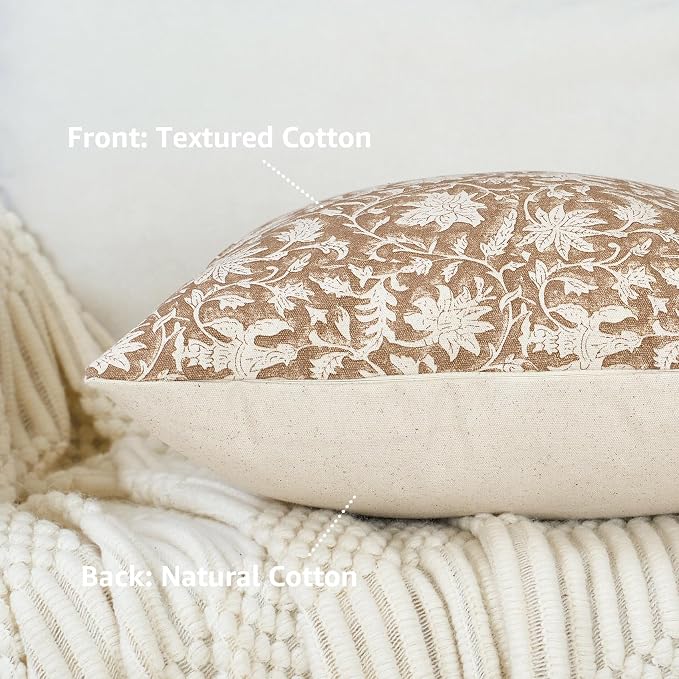 FIOUOVO Floral Throw Pillow Covers 20x20 Farmhouse Block Print Pillow Covers Decorative Pillow Covers Couch Pillows for Living Room Vintage Accent Sofa Pillows Set of 2, Neutral