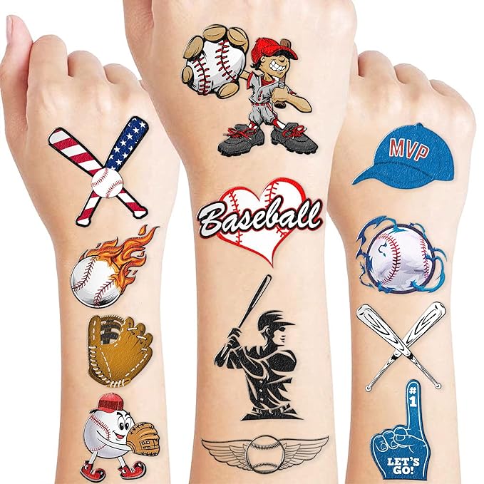 96PCS Baseball Pre-Cut Temporary Tattoos for Kids - Sports Birthday Party Favors, Baseball Party Supplies, Goodie Bag Fillers, School Prizes for Boys & Girls