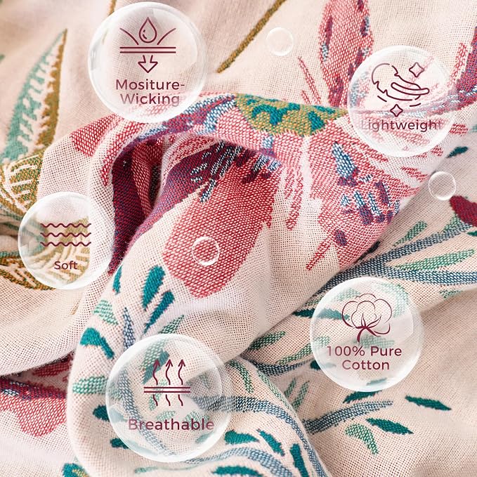 LUTBM Boho Throw Blanket for Bed 60"x80", All Season Cotton Couch Blankets | Reversible Floral Jacquard, Muslin Gauze Twin Quilt, For Chair Sofa Bedroom Living Room, Lightweight & Breathable, Home Decor
