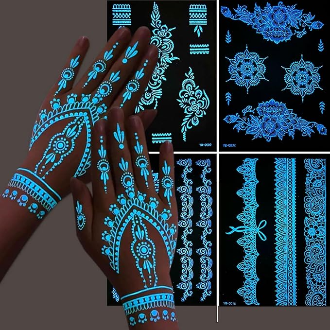 Blue Luminous Henna Tattoo Stickers Glow-in Dark Henna Temporary Decal for Women Flower Sexy Lace Fake Sticker for Halloween Wedding Night Glitter Party Supply