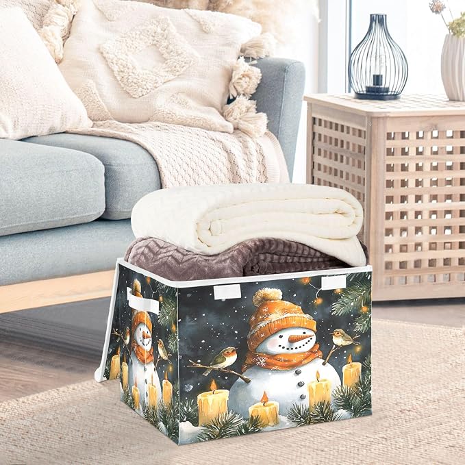 Watercolor Snowman Storage Bins with Lids and Carrying Handle,Foldable Storage Boxes Organizer Containers Baskets Cube with Cover for Home Bedroom Closet Office Nursery
