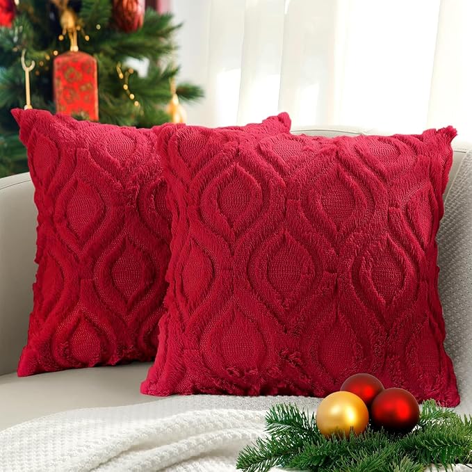 decorUhome Faux Fur Plush Soft Red Throw Pillow Covers 26x26 Set of 2 | Plush Solid Fall Couch Pillow Covers, Accent Modern Farmhouse Neutral Decorative Square Pillow Cases for Sofa Bed Living Room