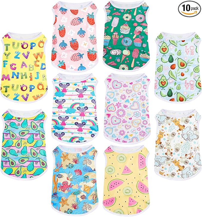 10 Pack Dog Shirts Cute Summer Cartoon Puppy Clothes, Soft Breathable Pet T-Shirts, Printed Sleeveless Washable for Small Medium Dogs Cats(Large)