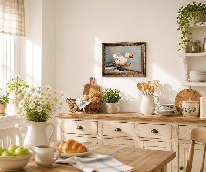 Gold Framed Funny Duck Wall Art Rustic Cottagecore Animal Wall Decor Print | Farmhouse Animal Painting Whimsical Duck Canvas Poster for Kitchen Bathroom Living Room Bedroom, 12x16 Inches