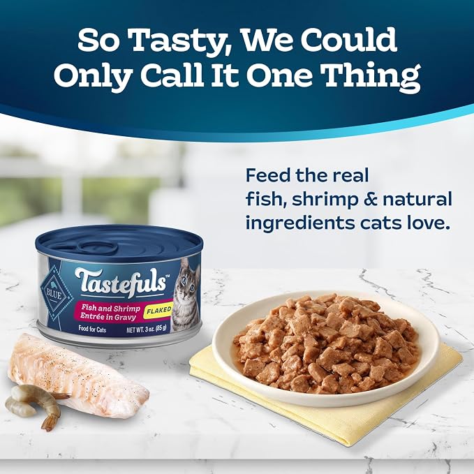 Blue Buffalo Tastefuls Fish & Shrimp Flaked Wet Cat Food, 3 oz, 24 ct | Real Fish First, Entrée in Gravy, No Chicken By-Product, Corn, Wheat, or Soy