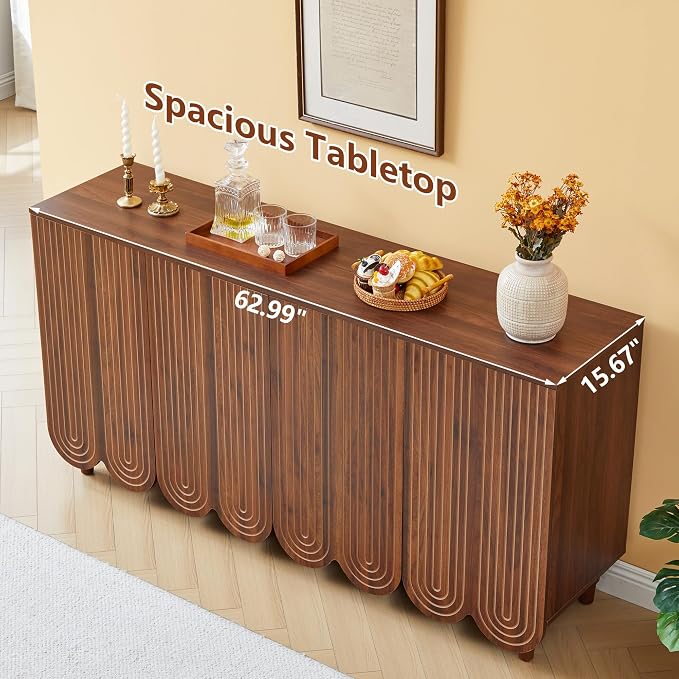 weselon 63" Buffet Cabinet with Scalloped Arched Doors, 4-Door Sideboard with Adjustable Shelves, Push-to-Open & Soft-Close Hinges, Solid Wood Legs Storage Cabinet for Coffee Bar TV Console (Walnut)