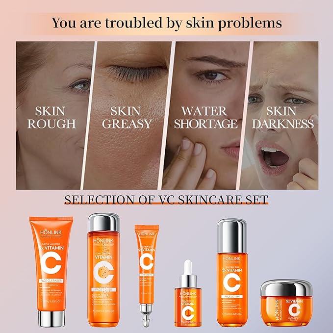 2 Box Glown 6-Piece Hydrating Skincare Set with Vitamin C & Niacinamide,HONLINK Face Care Kit Includes Toner, Faical Serum,Cleanser,Moisturizer, Eye Cream & Body Lotion (Face Set x 2)