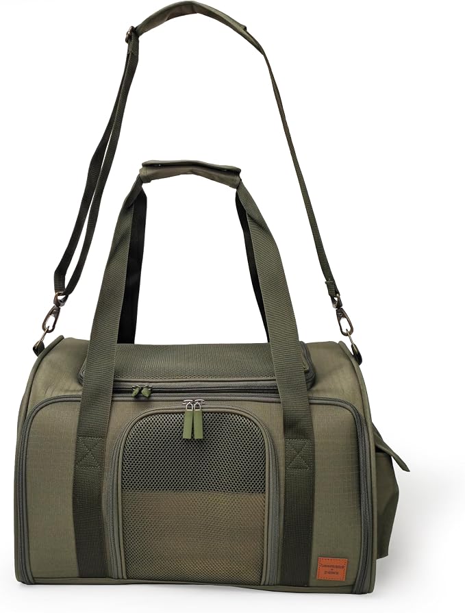 Airline-Approved Pet Carrier with Expandable Pop-Up Mesh Window, Waterproof Bottom & Plush Washable Pad (Moss Green)