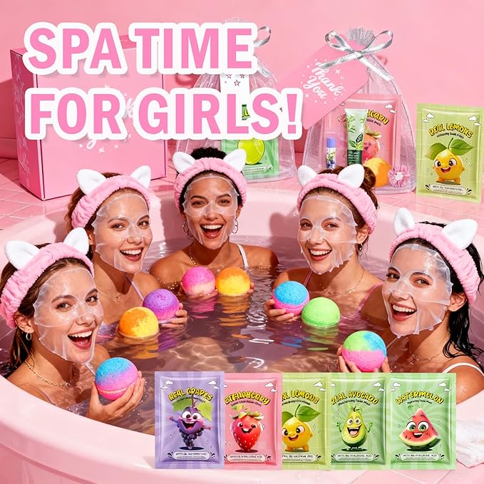 55PCS Spa Party Supplies for Girls,Spa Birthday Party Face Masks Skincare,Under Eye Patches, Lip Mask, Foot Bath Bombs Spa Kit, Bulk Gifts for Women, Mothers Day, Teacher Appreciation Gifts