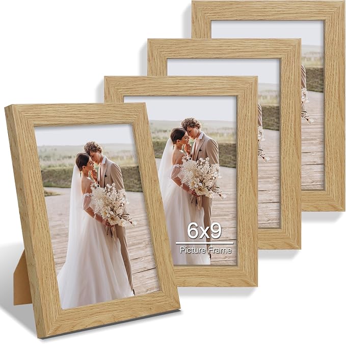 Hongkee 6x9 Picture Frame Set of 4, Made of Real Glass and Natural Oak Wooden Frame - 6 by 9 Photo for Wall or Tabletop Display