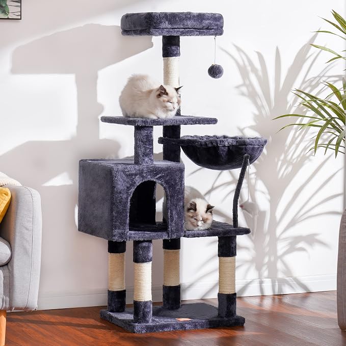 Heybly Cat Tree with Toy, 43.3 inch Cat Tower for Indoor Cats HCT004G | Cat Condo with Durable Sisal Scratching Posts, Cat House with Padded Plush Perch, Cozy Hammock, Smoky Gray
