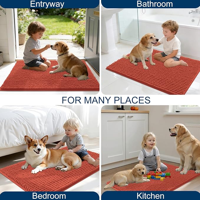 OLANLY Dog Door Mat for Muddy Paws 36x24, Extra Absorbent Chenille Mud Mat | Maple Red, Absorbs Moisture and Dirt, Non-Slip Machine Washable Doormat, Quick-Drying Indoor Entryway Floor Mat for Dogs