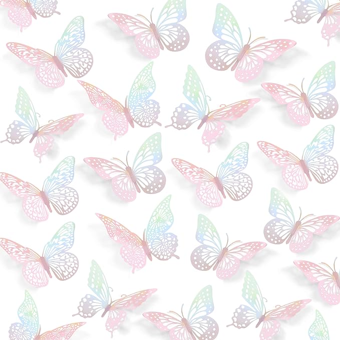 SAOROPEB 3D Butterfly Wall Decor 48 Pcs Laser Pink Butterfly Decorations | 4 Styles 3 Sizes, Birthday Decorations Butterfly Party Decorations Cake Decorations, Removable Stickers