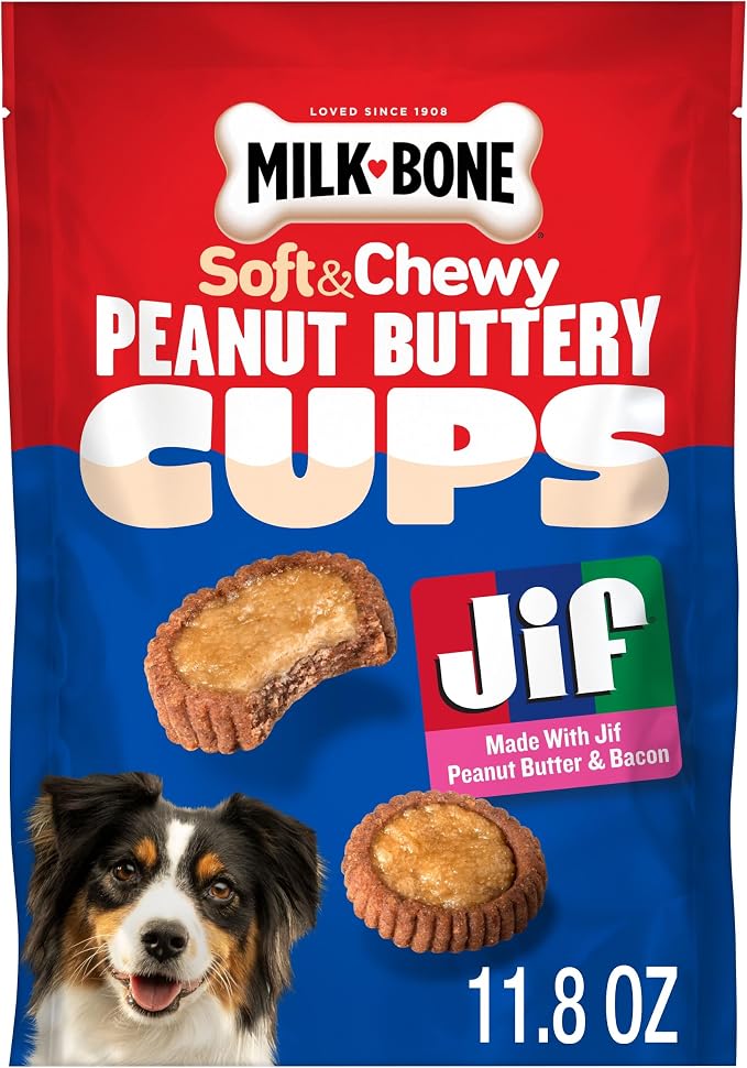 Milk-Bone Soft & Chewy Peanut Buttery Cups, 11.8 Oz. Bag | Filled soft dog treats with Jif peanut butter & real bacon