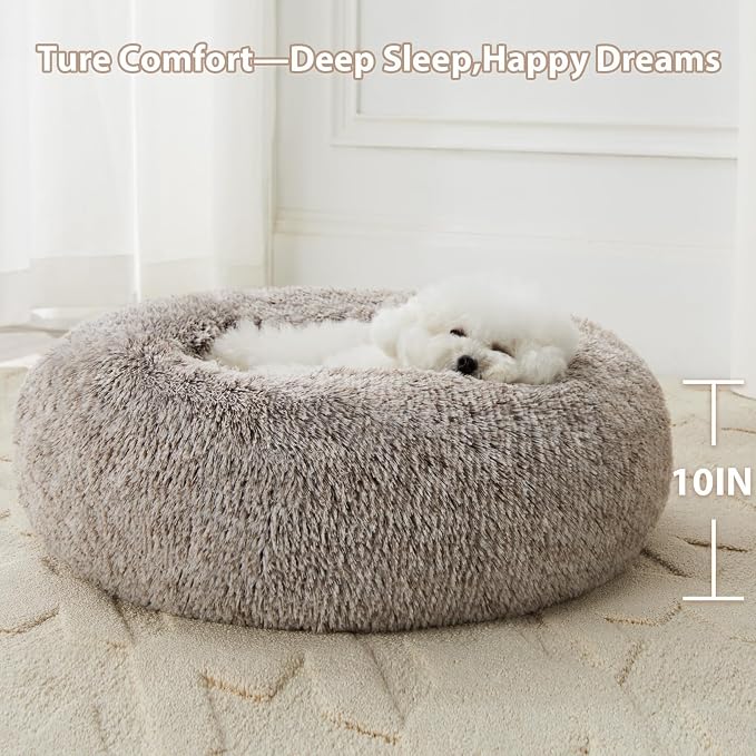 WNPETHOME Large Round Calming Dog Bed Cat Bed for Comfy Sleep | Large Cute Washable Puppy & Cat Bed with Fuzzy Plush, Fur Anti Anxiety Pet Bed Donut Cuddler (45x45x10In, Light Coffee)