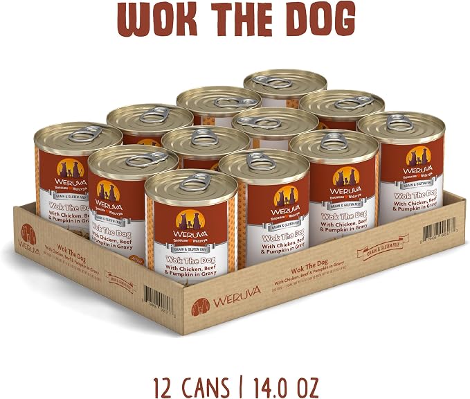 Weruva Classic Dog Food, Wok The Dog with Chicken Breast, Beef & Pumpkin in Gravy, 14oz Can (Pack of 12)