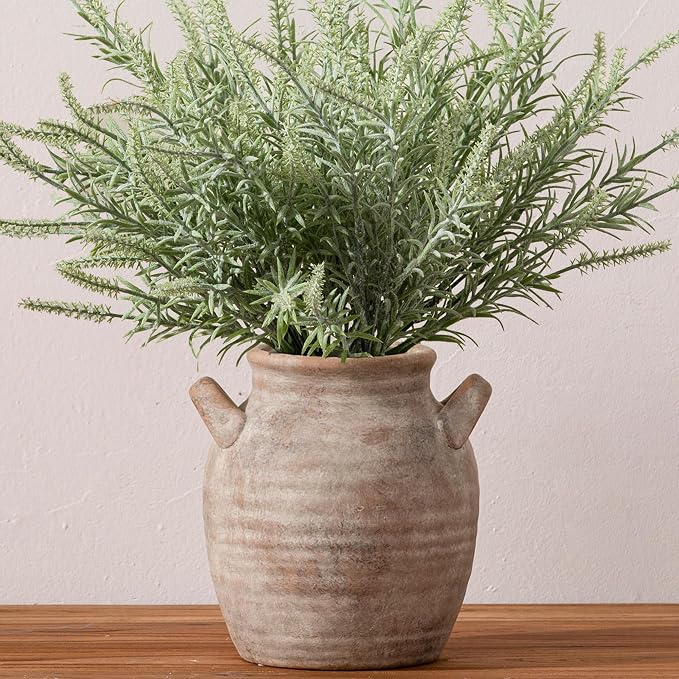 Vanselia Ceramic Flower Vase Home Decor - Farmhouse Table Vases with Handle Living Room Decoration Vintage Decorative Aesthetic for Shelf Coffee Dining Desk House Bookshelf Fireplace (7.1" Retro)