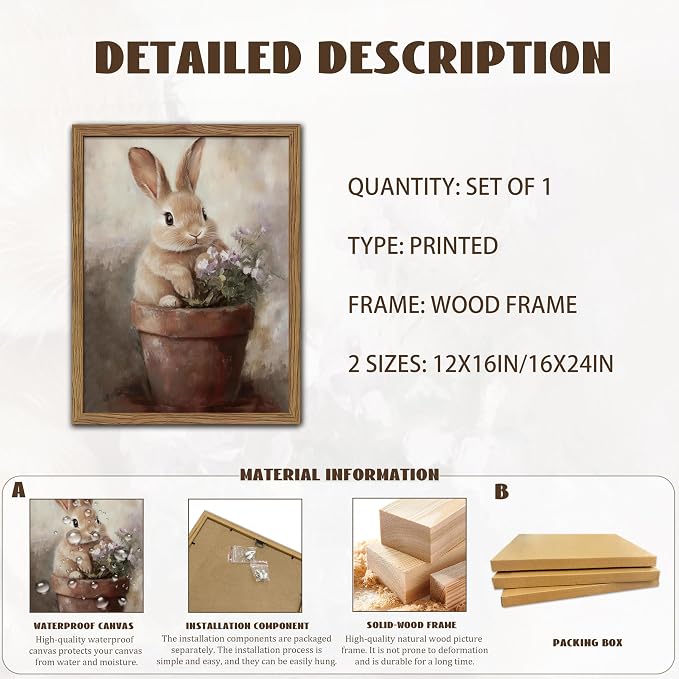 Framed Vintage Easter Wall Art, Cute Rabbit in Flower Pot Picture Prints, Cottage Farmhouse Bunny Canvas Artwork, Holiday Wall Decor for Kids Room Girls Bedroom Living Room 12x16 inch