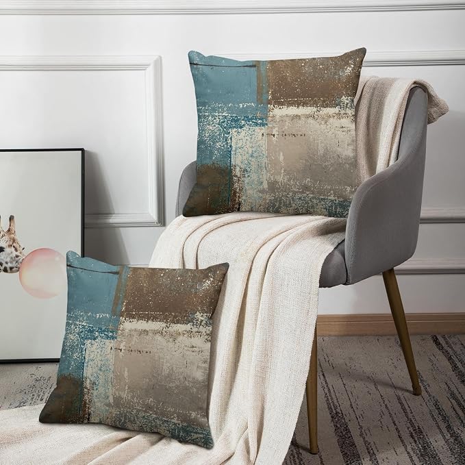 Emvency Throw Pillow Covers Set of 2, 18 x 18 Inch, Abstract Teal Modern | Beige Brown Outdoor Decorative Square Pillow Cases Couch Cushion Case for Couch Bed Sofa Living Room Home Decor