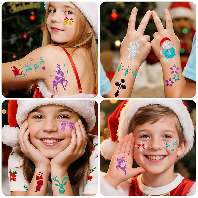 Temporary Tattoo Markers for Skin, 8 Body Markers + 158 Christmas Tattoo Stencils for Kids Adults, Flexible Brush Tip & Bright Colors Body Marker and Fake Tattoos Stencils Set for Party Favor Gift