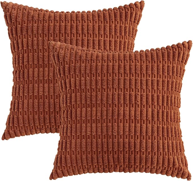 MIULEE Fall Decorative Throw Pillow Covers 20x20 Dark Rust Pack of 2 | Terracotta Soft Corduroy Boho Striped Pillow Covers Modern Farmhouse Autumn Home Decor For Sofa Living Room Couch Bed
