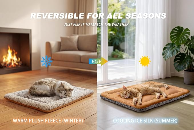 Cooling Mat for Cats, Reversible Self Warming Cat Bed, Dark Brown, 18x24 In | Cool-Touch Ice Silk Side, Plush Fleece Warm Side, Heat-Reflective Foil for Indoor Cats, Kittens, Small Dogs and Crates