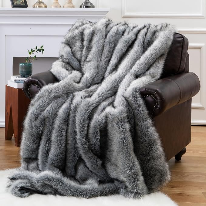 BATTILO Luxury Silver Grey Faux Fur Throw Blanket for Couch, 50"x60", Thick | Soft Cozy Plush Warm Elegant Furry Fluffy Faux Fur Blanket for Bed, Sofa, Living Room, Long Pile with Black Tips