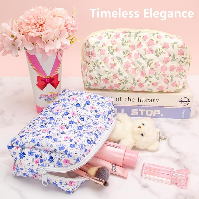 PAZIMIIK Small Quilted Makeup Bag,Zipper Cosmetic Pouch,Floral Blue,6 Pack | Lightweight Cosmetic Bag Organizer for Women,Purse Storage Holds Makeup,Toiletries,Skincare,Beauty Essentials,Travel Items