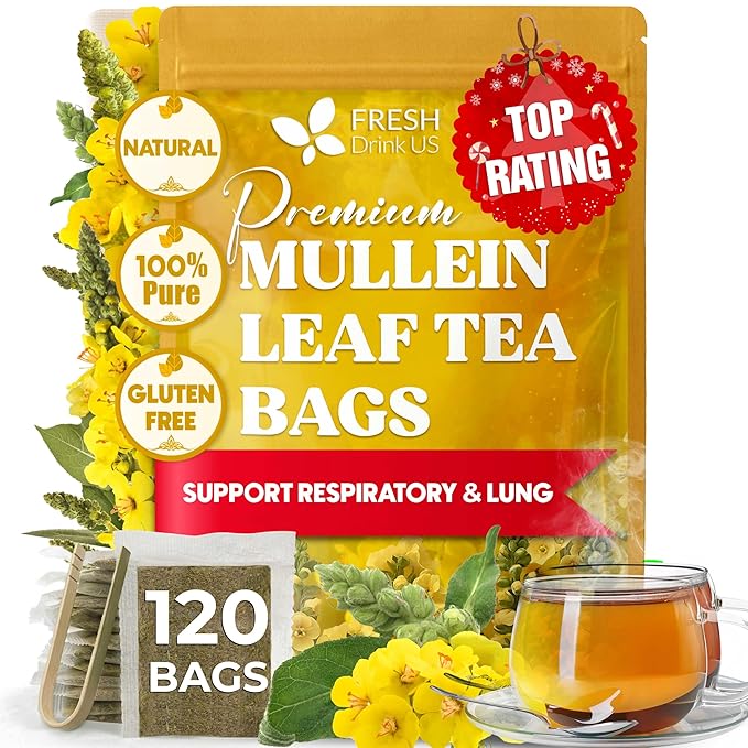 FreshDrinkUS, Premium 120 Mullein Leaf Tea Bags For Lung, 100% Natural & Pure from Mullein Leaves. Loose Leaf Mullein Herbal Tea. Made with Natural Material Tea Bags. No Sugar, No Caffeine, No Gluten, Vegan.