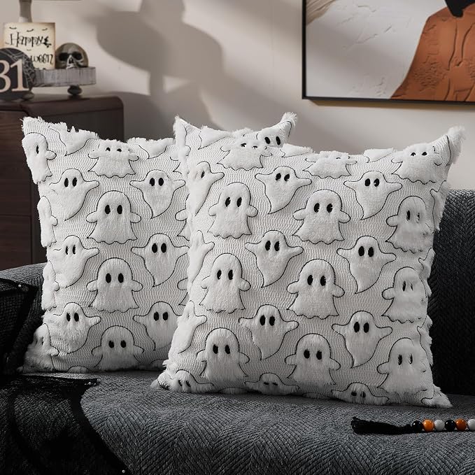 DFXSZ Halloween Pillow Covers 18x18 inch 2Pcs White Black Ghost Halloween Decor