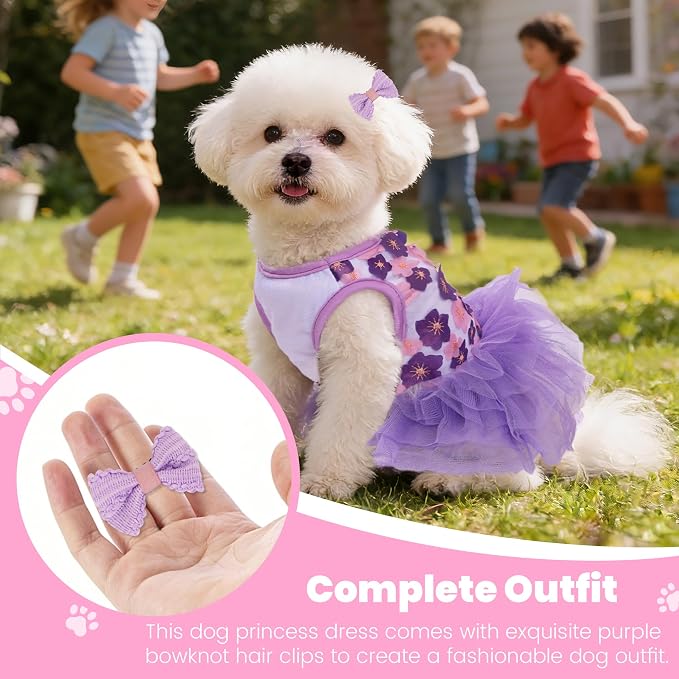 Dog Dress, Fashion Puppy Tutu Princess Dresses for Small Dogs Girl, Sweet Skirt with Dog Bowknot Clips, Spring Dog Cat Clothes Pet Apparel (Purple Floral Dress, X-Small)