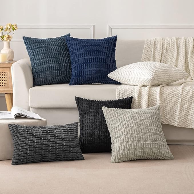 MIULEE Euro Sham Decorative Throw Pillow Covers 26x26 Navy Blue Pack of 2 | Soft Corduroy Boho Striped Pillow Covers Modern Farmhouse Coastal Home Decor For Sofa Living Room Couch Bed