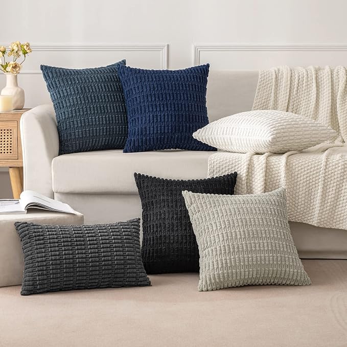 MIULEE Corduroy Decorative Throw Pillow Covers 20x20 Dark Grey Pack of 2 | Soft Boho Striped Pillow Covers Modern Farmhouse Home Decor For Sofa Living Room Couch Bed