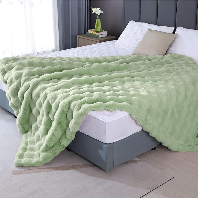 Sage Green Faux Fur Throw Blanket for Couch, Snuggly Double-Sided Bubble Plush Blanket with Soft Flannel Back,Decorative Gift for Sofa or Bed, Machine Washable, 50 x 60, 860 GSM