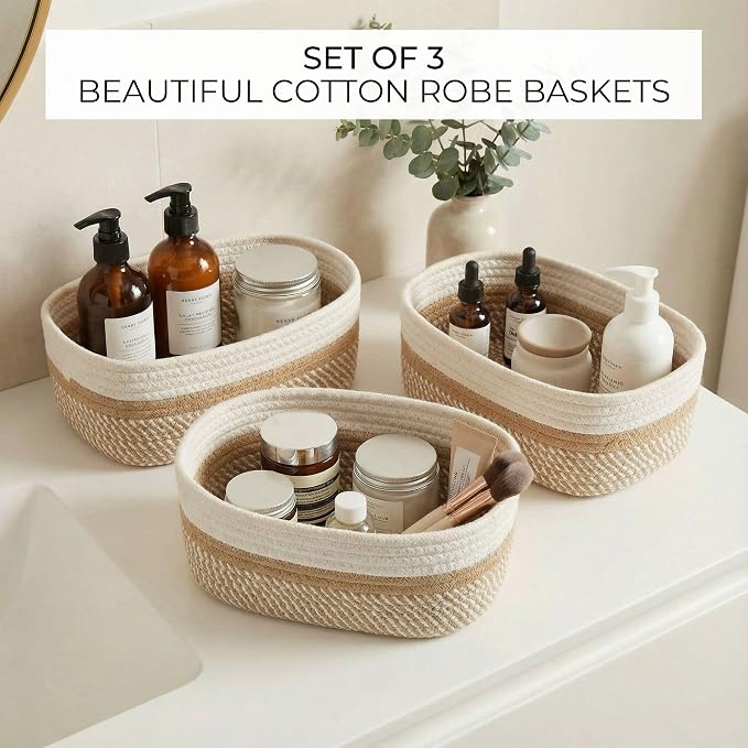 Beautiful Storage Basket Set of 3 - Sturdy Rope Baskets for Shelves | Perfect for Organizing Your Home - Quality Storage Bins Easily Fit with Any Nursery or Bedroom Decor