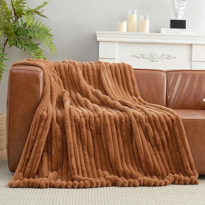 Faux Fur Throw Blanket for Couch, Cozy Fuzzy Fluffy Fur Luxurious Soft Striped Plush Gift Blankets for Family Sofa Chair Bedroom, 55"x70", Orange Brown