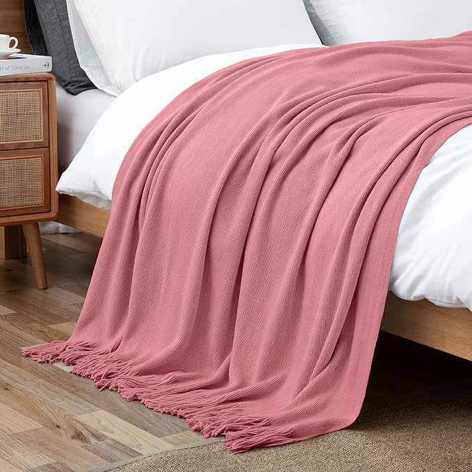 Vonty Dusty Pink Knitted Throw Blanket with Tassels Fringe, 50x60 Acrylic | Super Soft And Lightweight, Year-Round Cozy Warmth, Farmhouse Decorative Style, Machine Washable, for Couch, Sofa or Bed