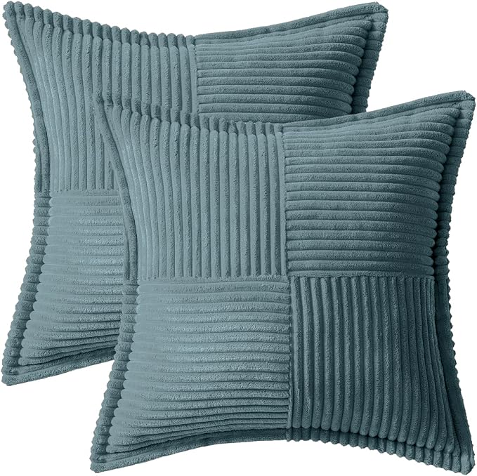 MIULEE Decorative Throw Pillow Covers for Couch 18x18 Inch Dusty Blue | 2 Pack, Boho Broadside Striped Patchwork Pillow Covers, Soft Corduroy Cushion Cases, For Sofa Bed Livingroom Home Decor