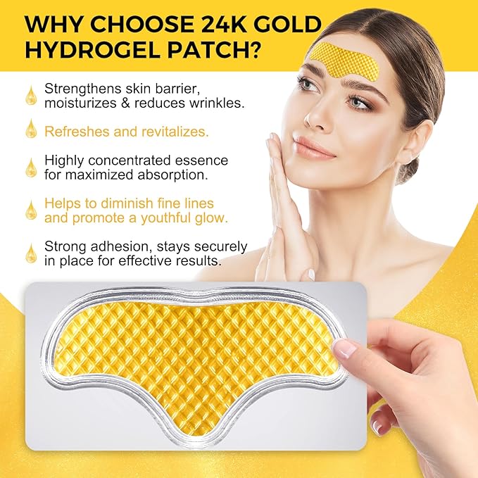 24K Gold Forehead Patches, 20 Minute Wrinkle Smoothing Patches with Dual Collagen & Hyaluronic Acid, Anti Aging Face Patches for Visible Results, Luxury Skin Care Treatment for Fine Lines (12 Pcs)
