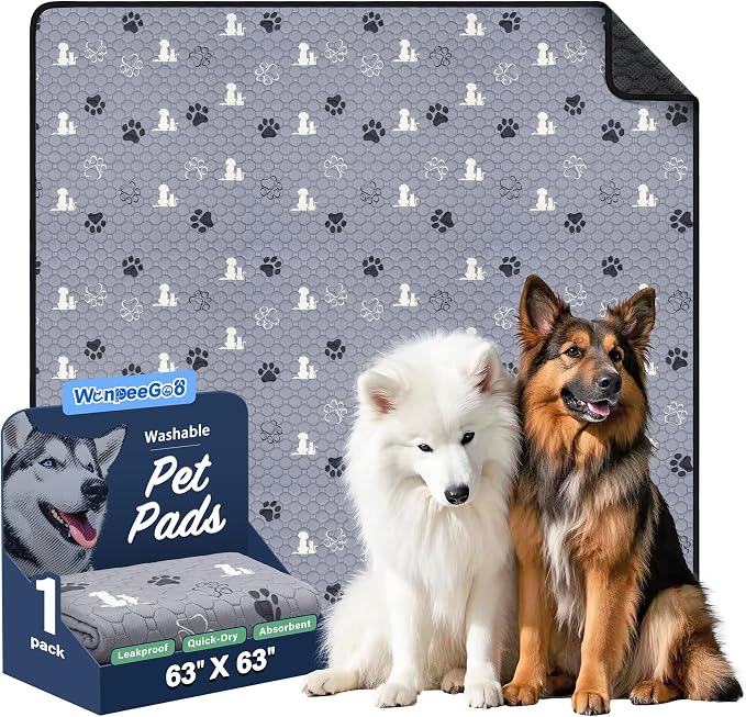 WanpeeGoo Washable Pee Pads for Dogs, Waterproof, 63 x 63 in, 1 Pack, Gray | Super Absorbent, Waterproof and Non-Slip; Washable, Reusable Dog Pads for Crates, Playpens, Floors, Furniture and Travel