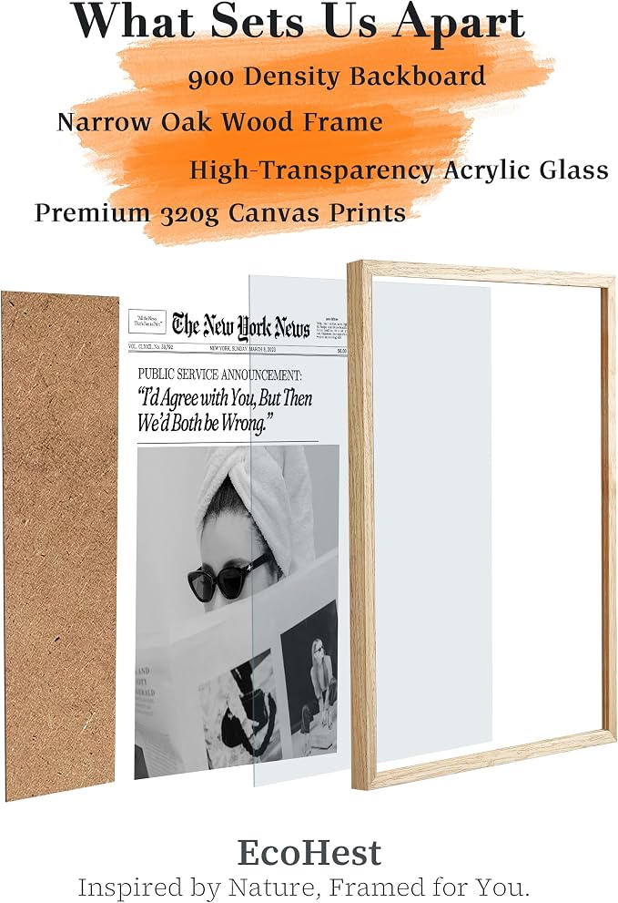 EcoHest Small 8x10 in Cool Girl Newspaper Framed Wall Art for Bedroom | Natural Oak Wood Frame, Canvas Wall Art, Girly Fashion Magazine Decor for Bedroom, Apartment, Dorm Room, College Room, 1Pack